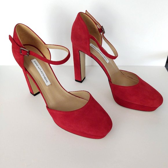 Crimson red suede ankle strap platform pump NWOT